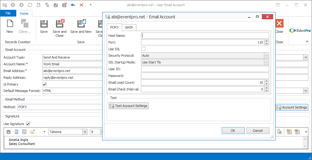 Screenshot of POP3 Email Account Settings for Security User. 
