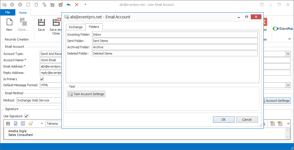 Screenshot of Exchange Email Account Folder Settings for Security User. 
