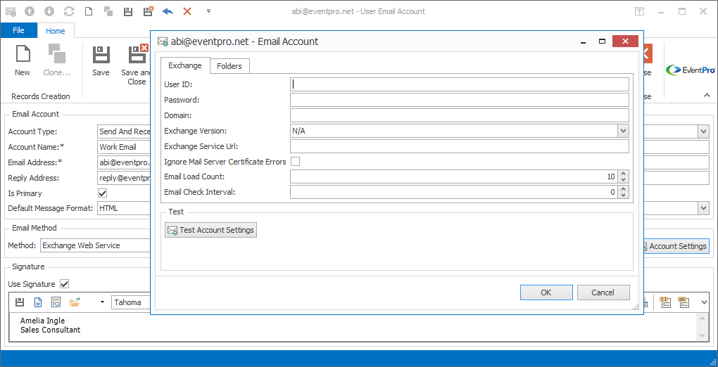Screenshot of Exchange Email Account Settings for Security User. 
