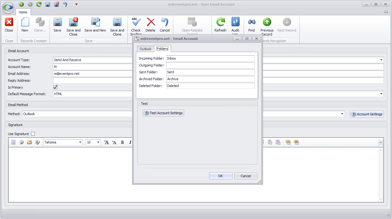 Screenshot of Outlook Email Account Folder Settings for Security User. 
