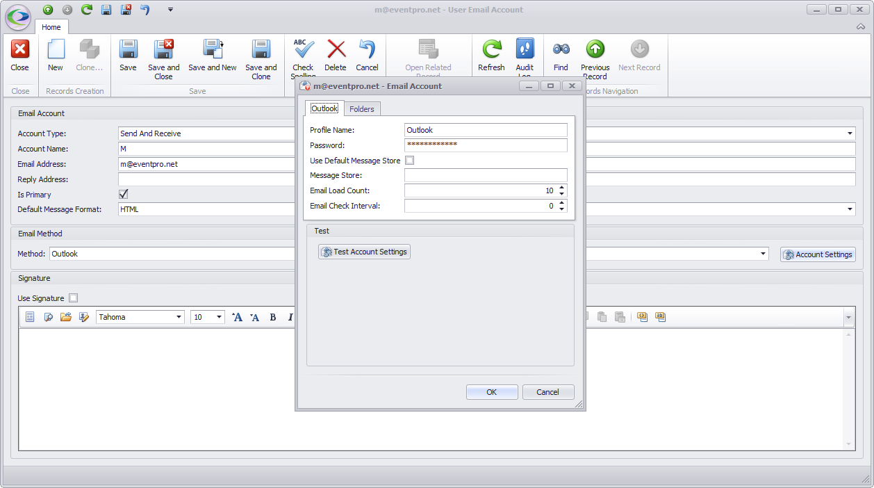 Screenshot of Outlook Email Account Settings for Security User. 