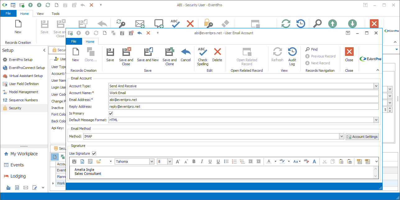 Screenshot of User Email Account edit form opened from User record. 