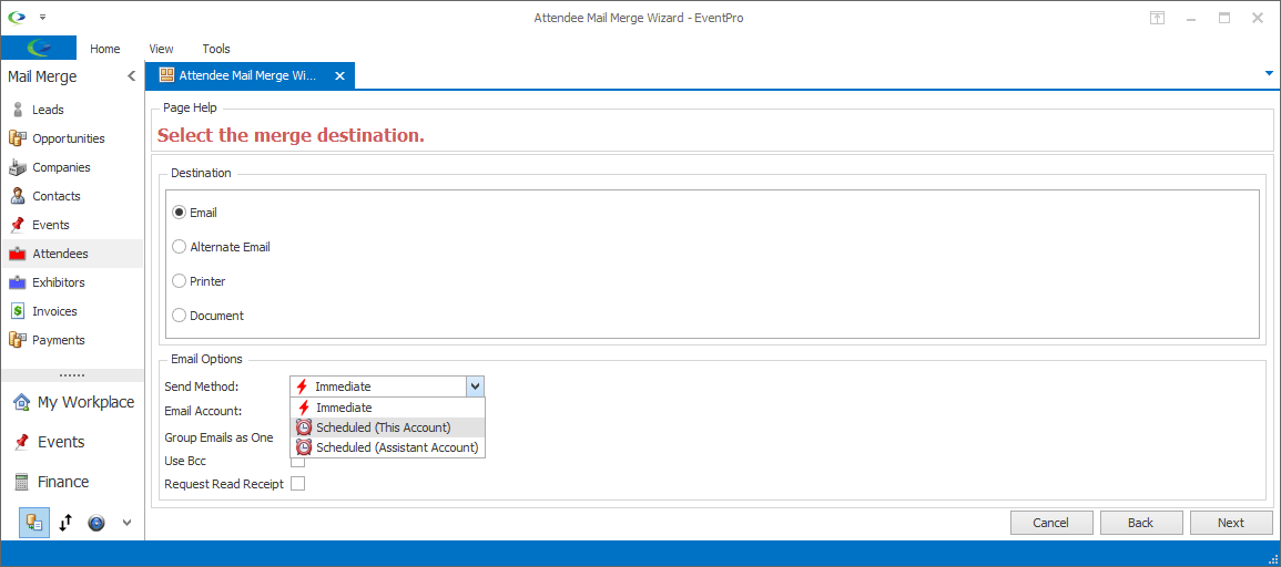 Screenshot of Mail Merge Wizard, selecting Send Method from drop-down list. 