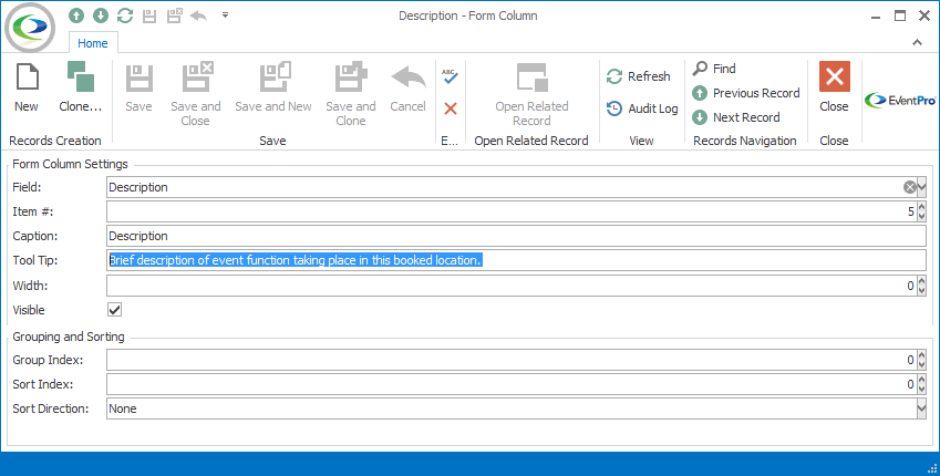 Screenshot of Form Column edit form, highlighting text entered for Column Tool Tip. 