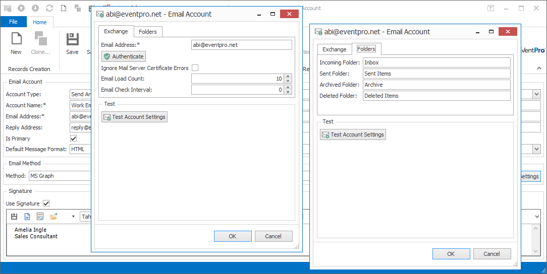Screenshot of MS Graph Email Account and Folder Settings for Security User. 