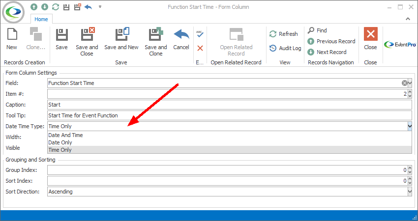 Screenshot of Form Column edit form, displaying Date Time Type drop-down selection list. 