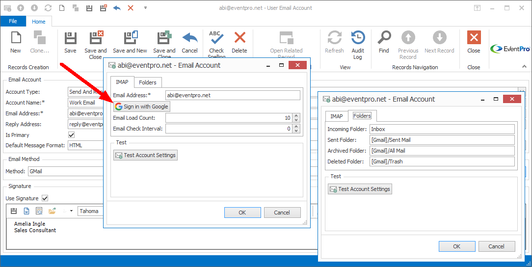 Screenshot of Gmail Account Settings, pointing to Sign In button. 