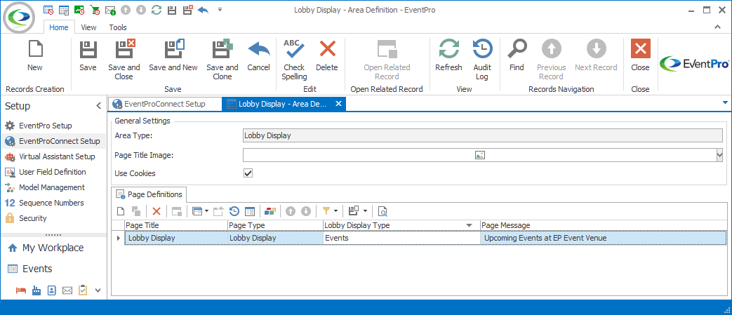 Screenshot of Lobby Display Area Definition edit form in EPConnect Setup. 