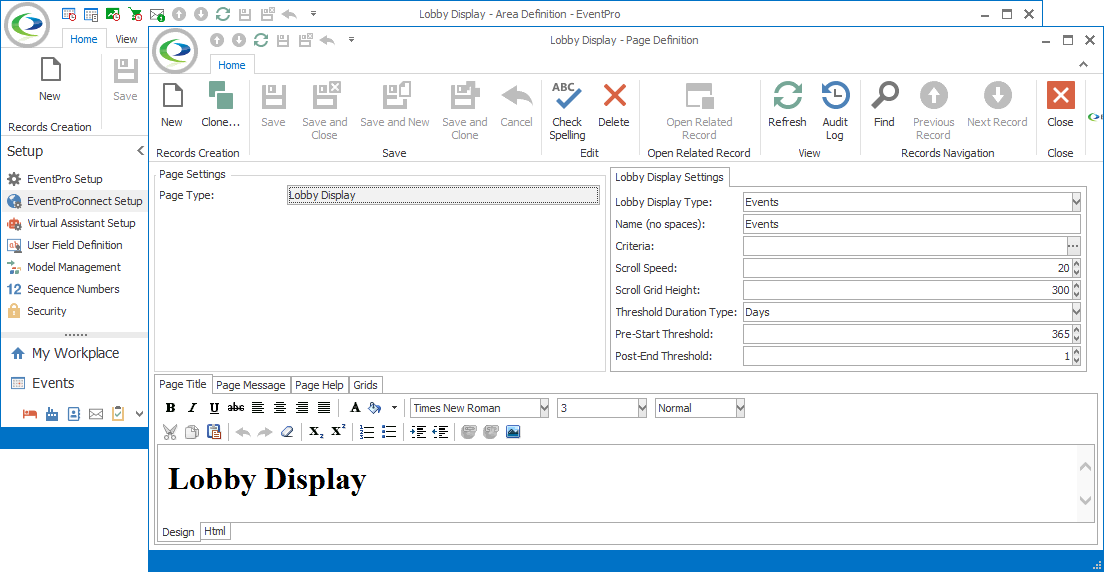Screenshot of Lobby Display Page Definition edit form opened from Lobby Display Area Definition. 