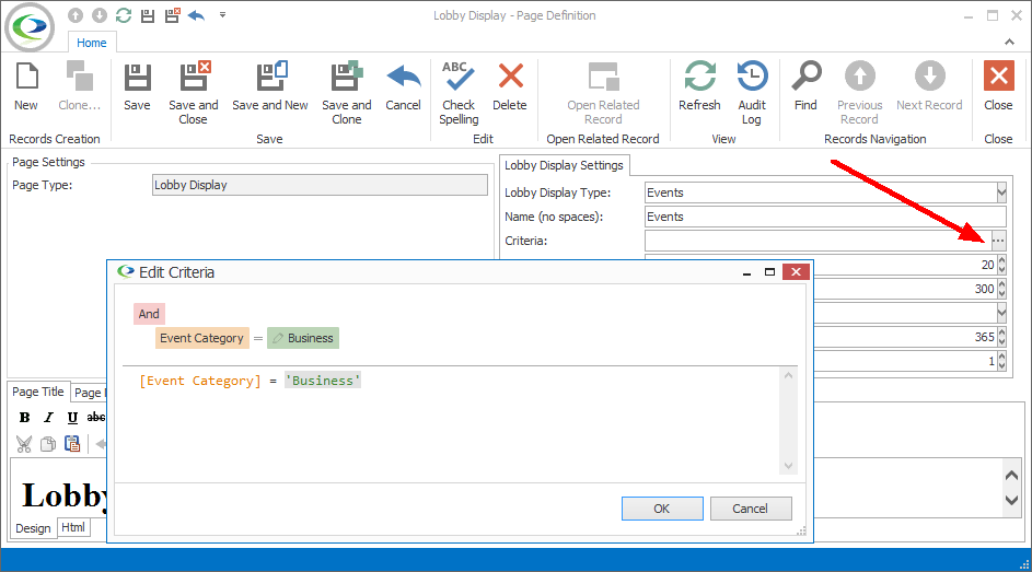 Screenshot of Edit Criteria window opened above Lobby Display Page Definition edit form. 
