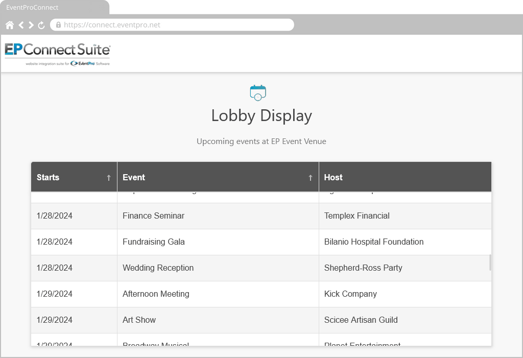 Screenshot of EPConnect in browser, demonstrating Event Lobby Display. 