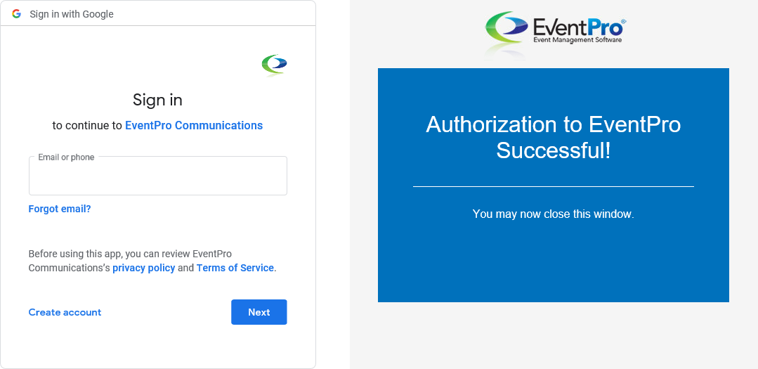 Screenshot of browser windows for Google Sign In and Authorization to EventPro. 