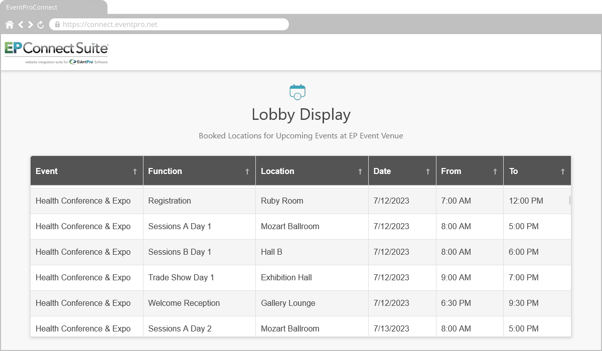 Screenshot of EPConnect in browser, demonstrating Event Location Lobby Display. 