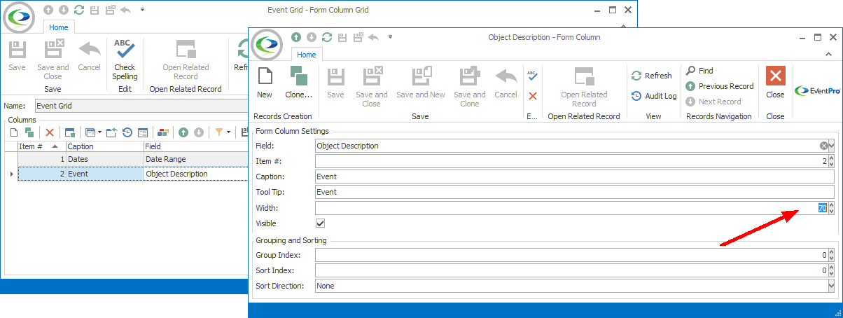 Screenshot of Form Column edit form, editing Width. 