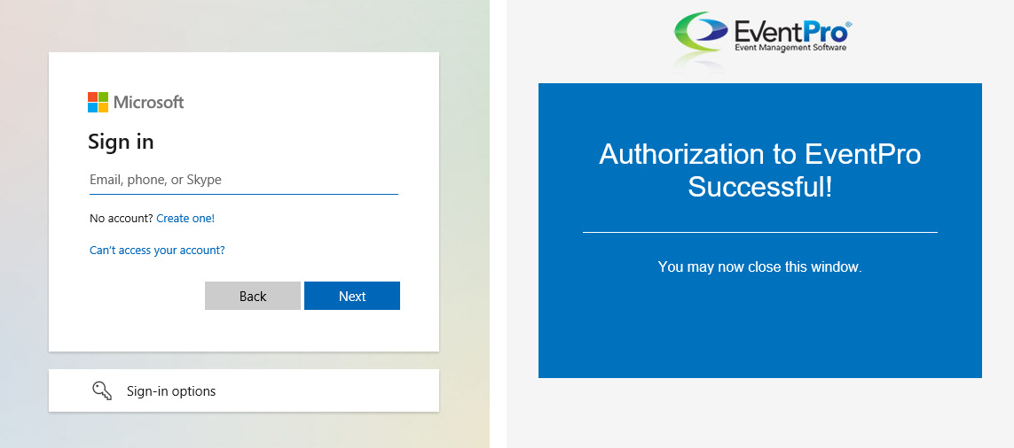 Screenshot of browser windows for Microsoft Sign In and Authorization to EventPro. 