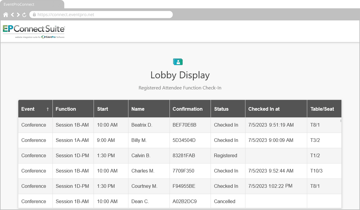 Screenshot of EPConnect in browser, demonstrating Attendee Function Lobby Display. 