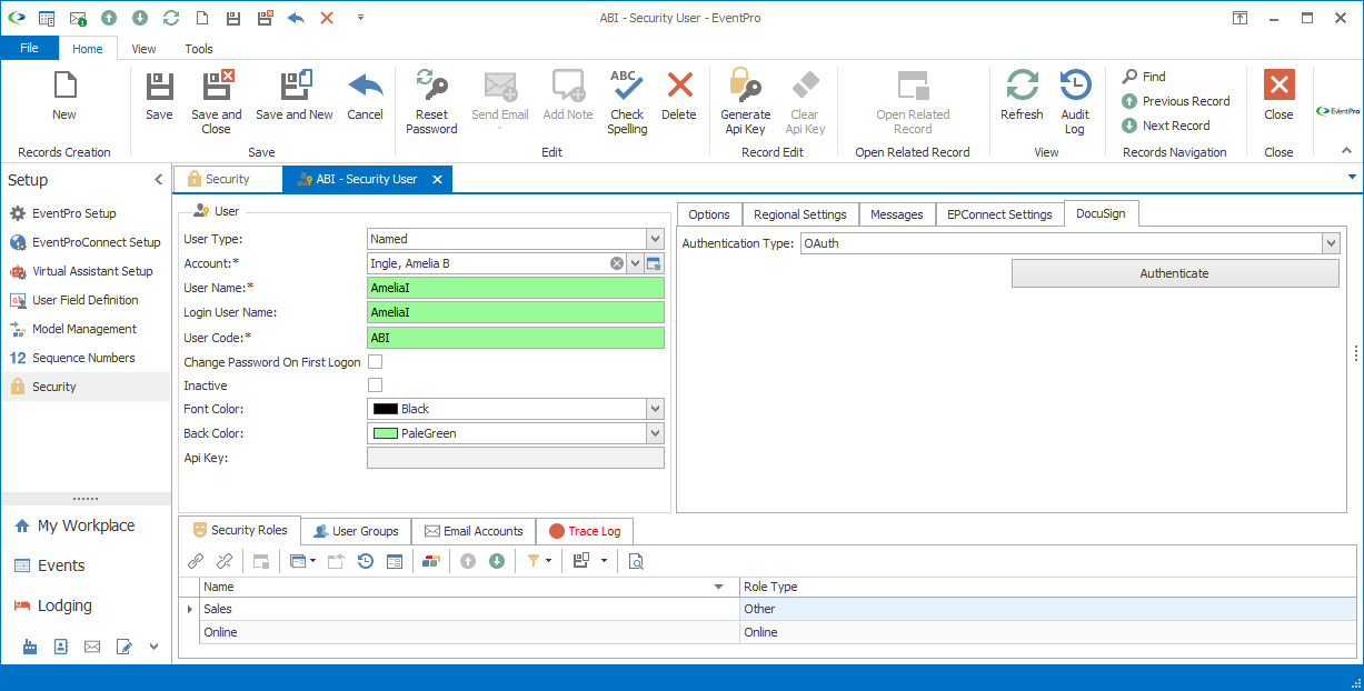 Screenshot of DocuSign settings tab in Security User edit form. 