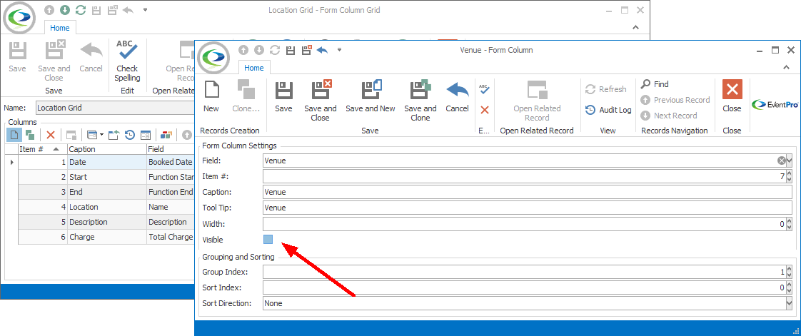 Screenshot of Form Column edit form, pointing to Visible checkbox. 