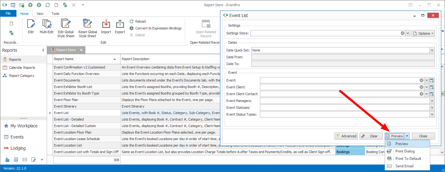 Screenshot of Report Filter dialog, pointing to default Preview print button. 