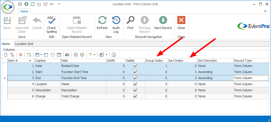 Screenshot of Form Column Grid edit form, pointing to Sort and Group settings.