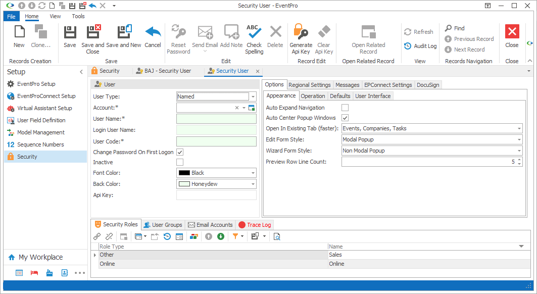 Screenshot of newly cloned Security User edit form. 