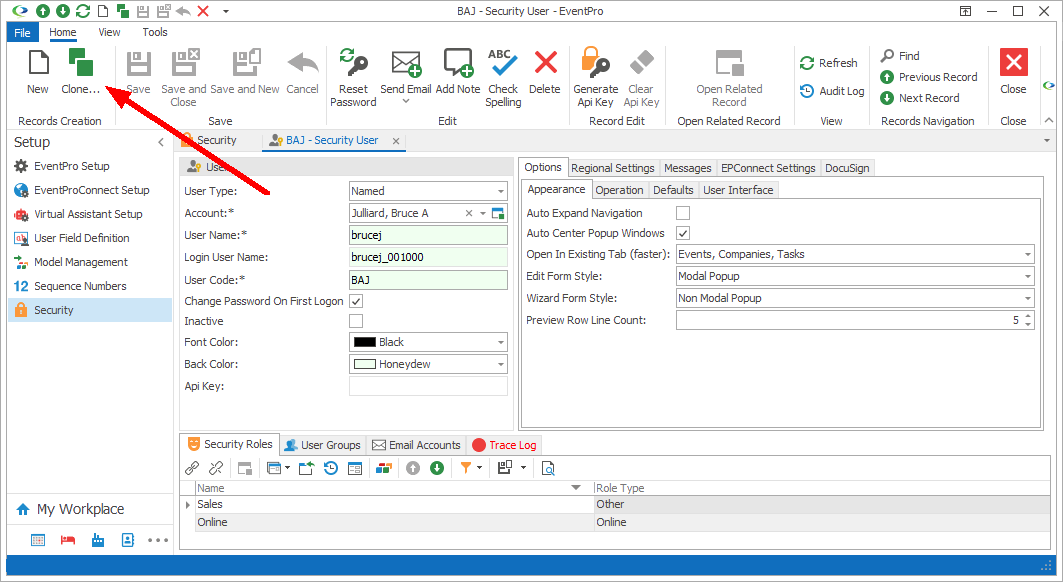 Screenshot of Security User edit form, pointing to Clone button. 
