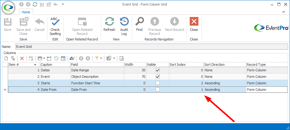 Screenshot of Form Column Grid edit form, pointing to Sort Index and Sort Direction columns. 
