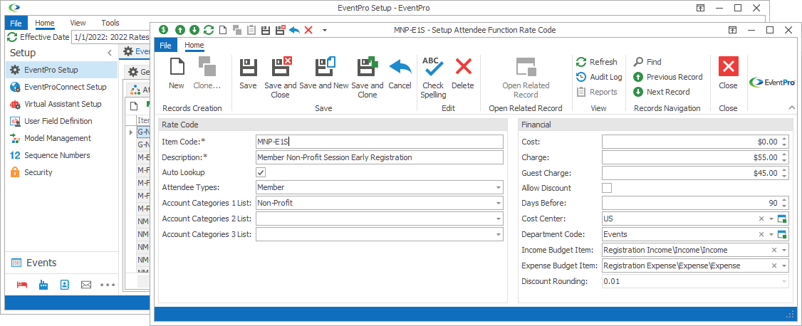 Figure 520: Adding Setup Attendee Function Rate Code 