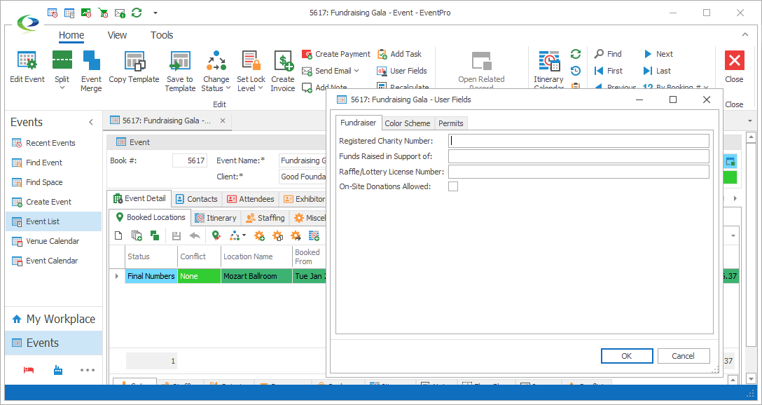 Screenshot of Event User Defined Fields using tabs. 