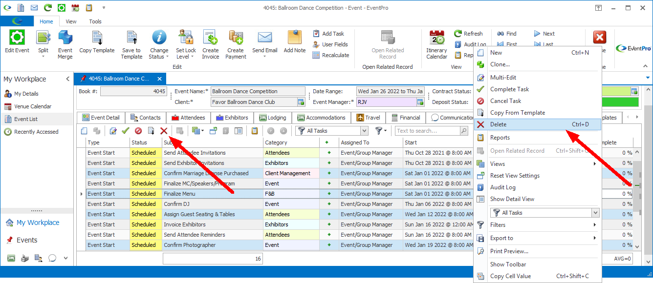 Screenshot of selection grid, pointing to Delete button in ribbon and speed menu