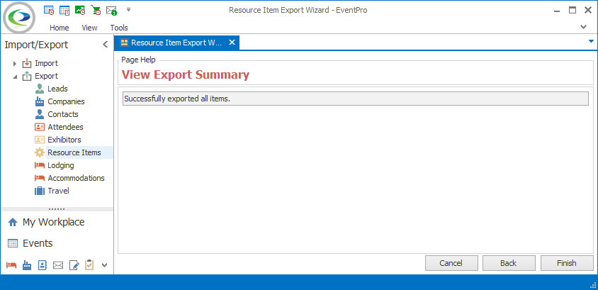 Screenshot of final page of Export Wizard. 