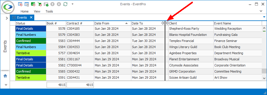 Screenshot of Events selection grid, resizing column. 
