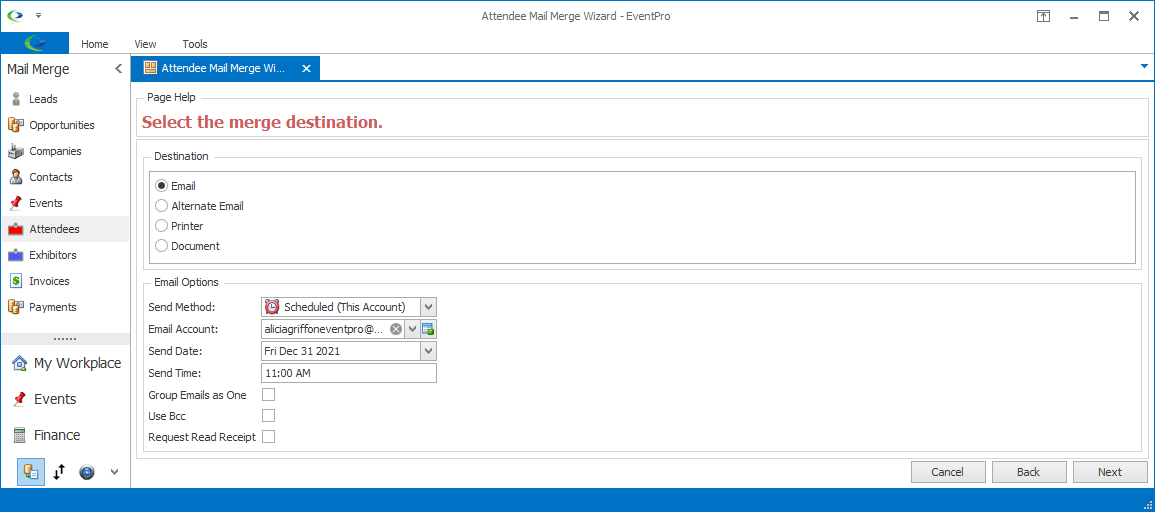 Screenshot of Mail Merge Wizard, with Send Date and Send Time scheduled. 