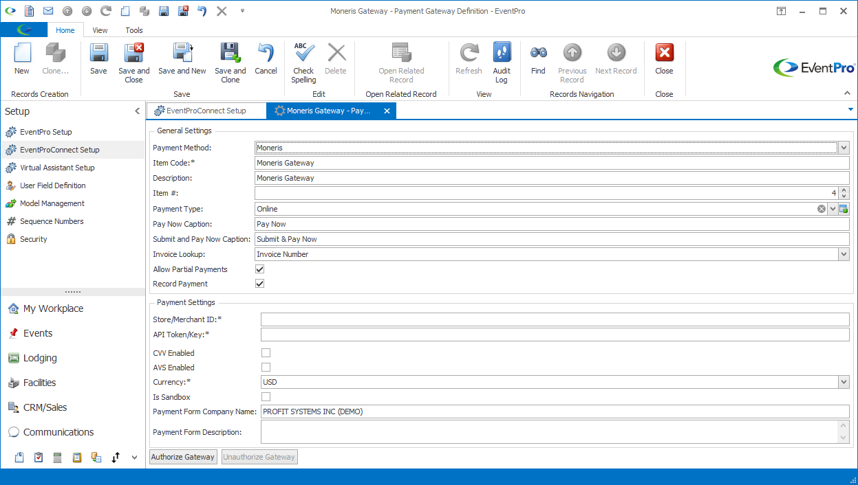 Payment Gateway Definition edit form for Moneris