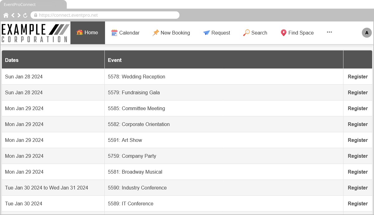 Screenshot of Home Event Grid in EPConnect, sorted by Date From, then Function Start Time. 