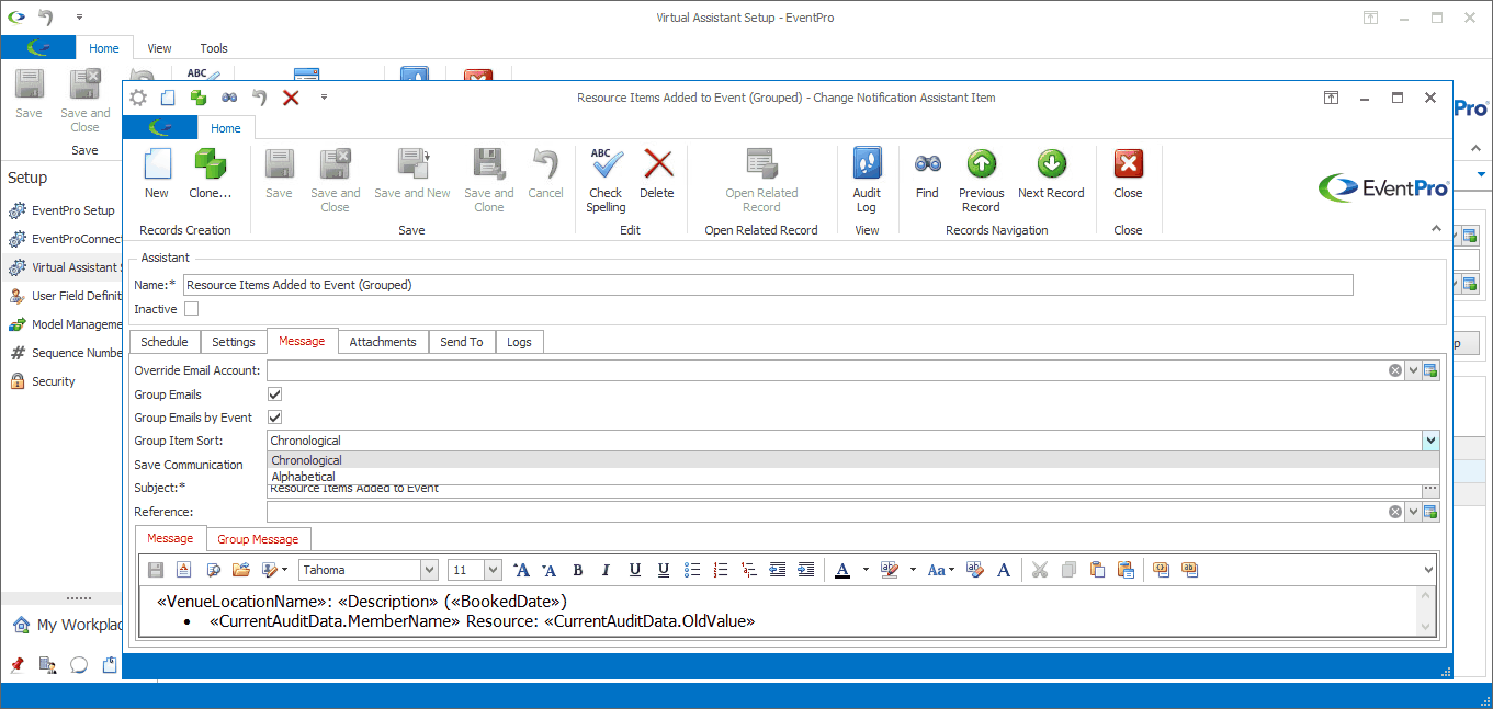 Screenshot of Change Notification Assistant edit form, displaying Group Item Sort options. 