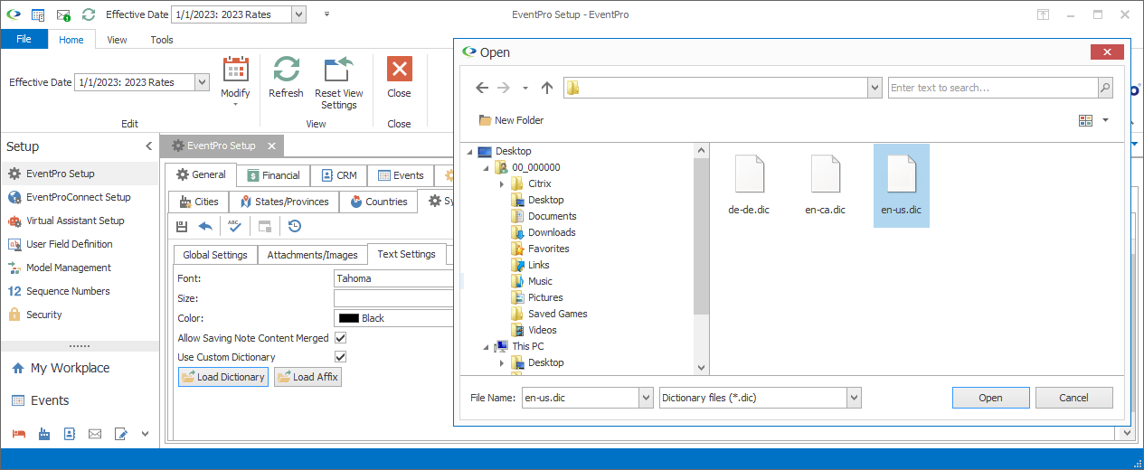 Screenshot of the Open dialog when loading a dictionary under Text Settings