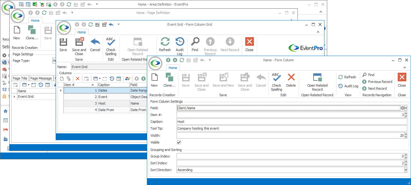 Screenshot of Form Column edit form opened from Home Event Grid edit form. 