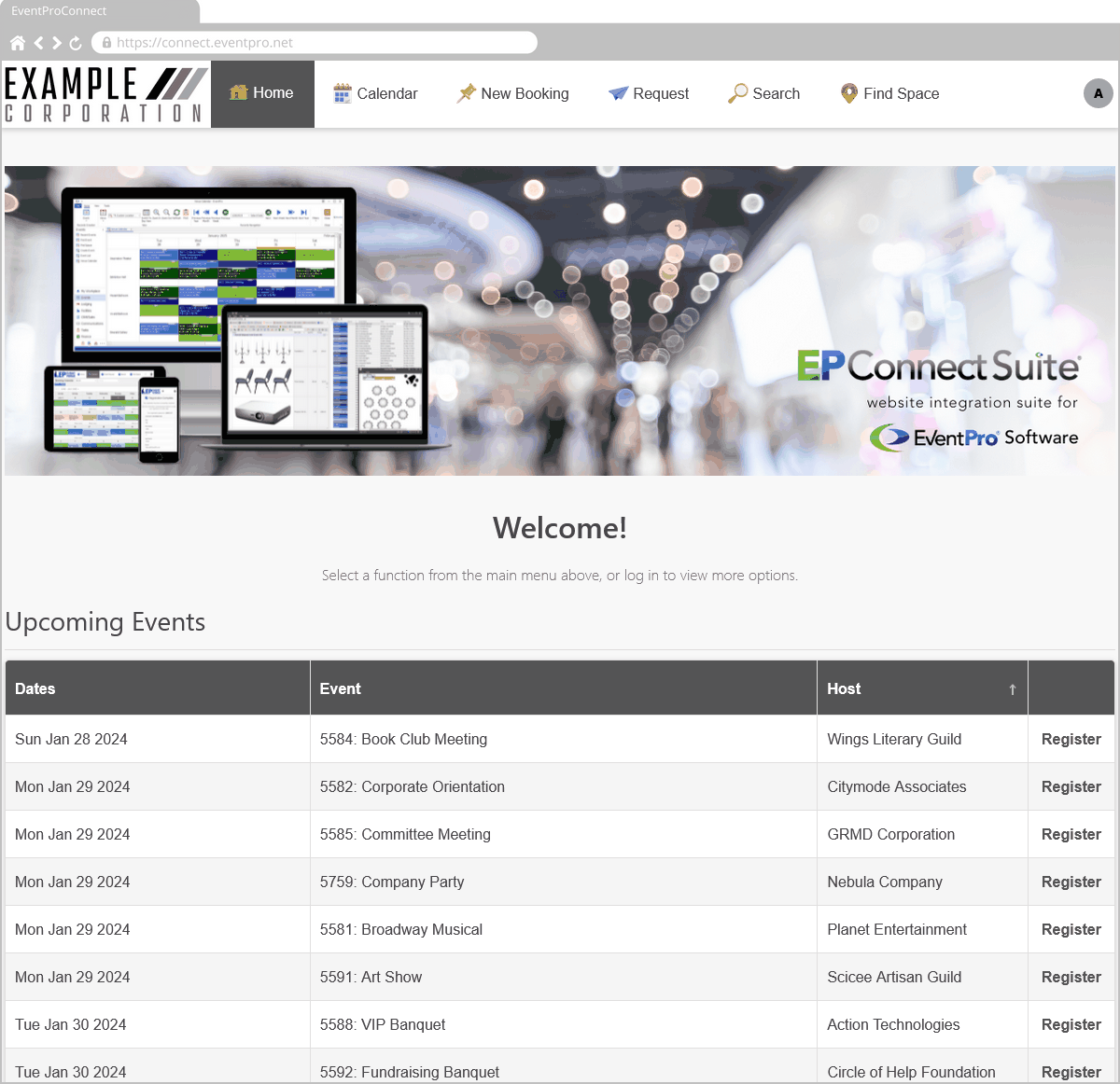 Screenshot of EPConnect Home page demonstrating page image and event grid. 