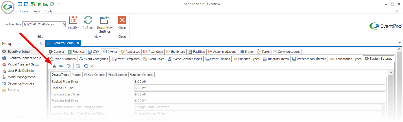 Screenshot of Events System Settings in Setup, pointing to Save button. 