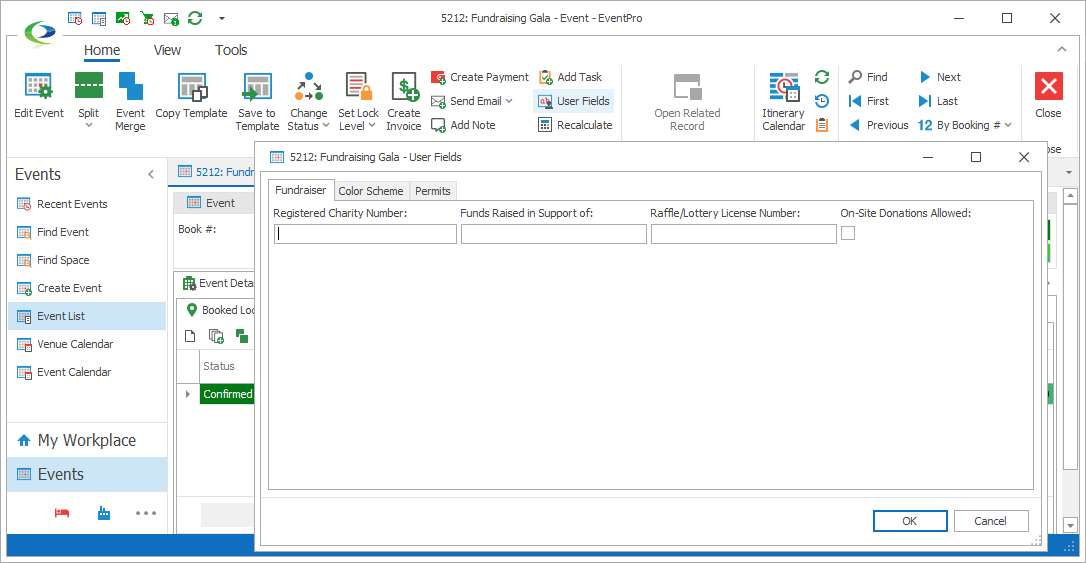 Screenshot of sample Event User Defined Fields in Horizontal Layout. 
