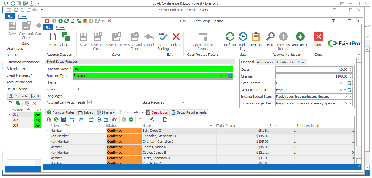Screenshot of Event Setup Function edit form opened to Registrations tab. 