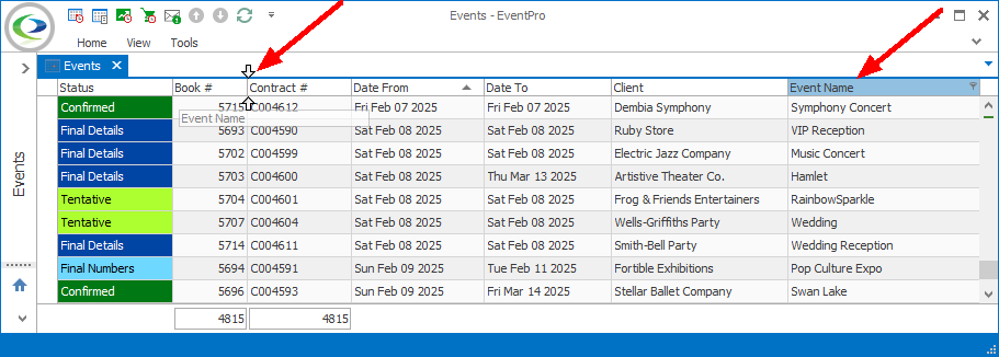 Screenshot of Events List selection grid, moving column. 
