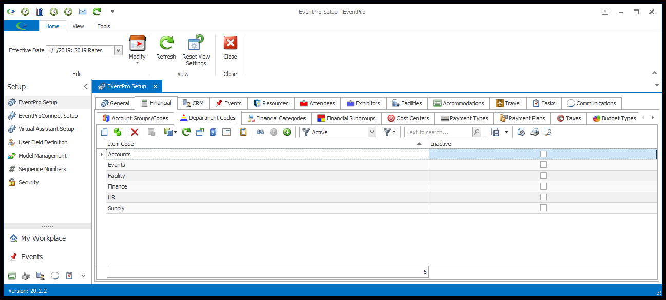 EventPro Setup > Financial > Department Codes