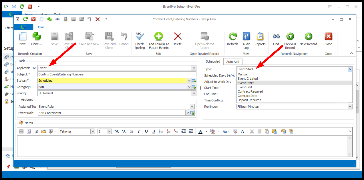 Screenshot of Setup Task edit form, pointing to Applicable To and Scheduled Type. 