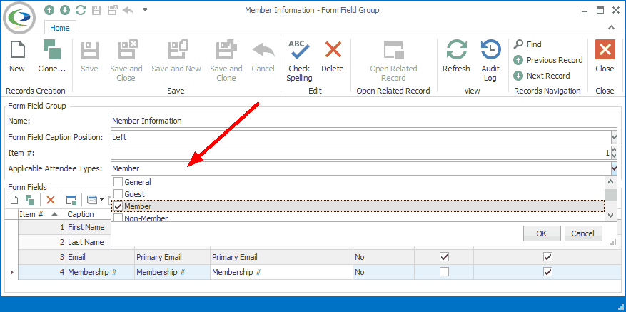 Screenshot of Form Field Group edit form, displaying Applicable Attendee Type drop-down list. 