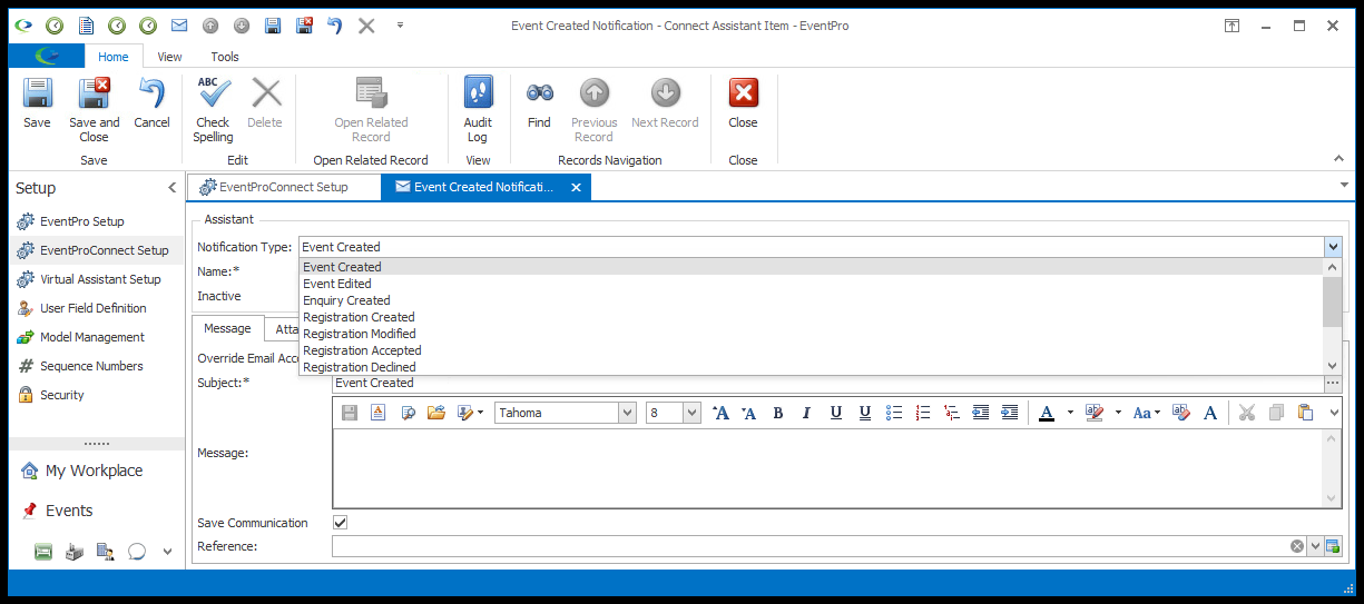 Screenshot of notification Assistant Item edit form, viewing Notification Type drop-down list. 