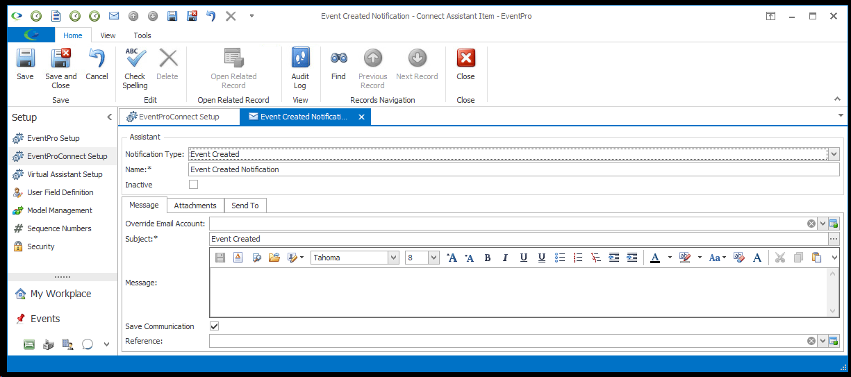 Screenshot of notification Assistant Item edit form opened from EPConnect Setup. 