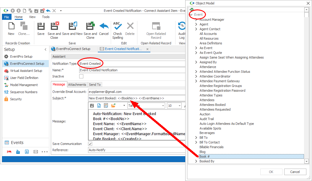 Screenshot of notification edit form, adding merge field to Subject from Event Merge Table. 