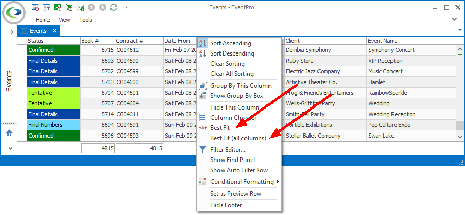 Screenshot of Events List selection grid, Best Fit All Columns command in speed menu